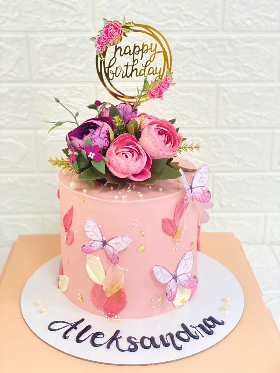 Cake with Butterfly-Pink with artificial flower